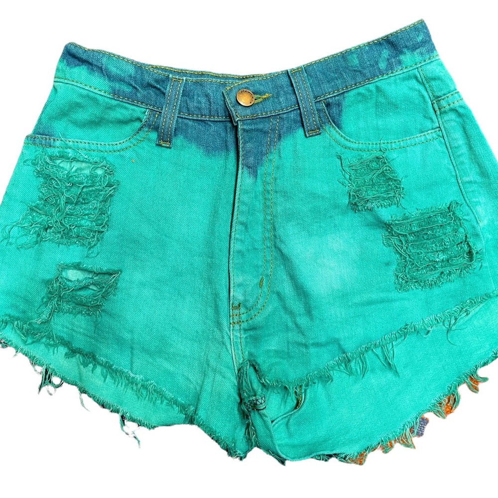 Vibrant MIU | Teal/Blue High Rise Distressed Jean Shorts